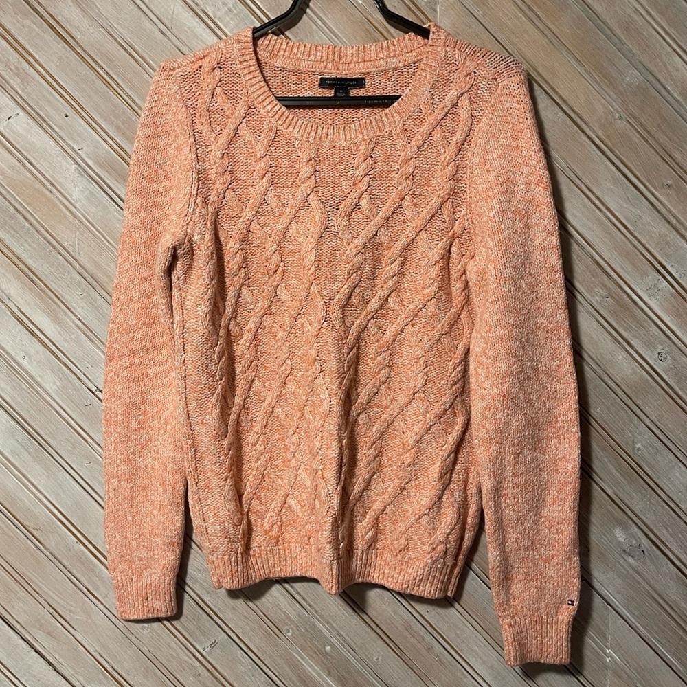 Tommy Hilfiger vintage cable knit peach pink sweater long sleeve design weave M